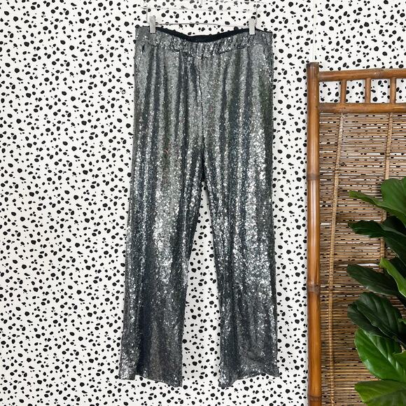 Eloquii | Sequin Gunmetal Silver Plus Size Pull On Sparkle Wide Leg Pants 16 1X - Picture 2 of 10